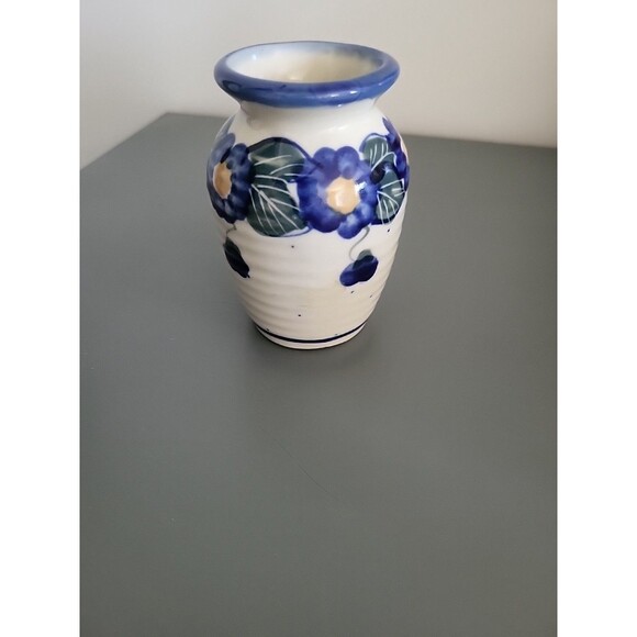 Boleslawiec Vintage WR UNIKAT Polish Pottery Blue FlowersPATTERN VASE 3.25" EUC - Picture 5 of 8